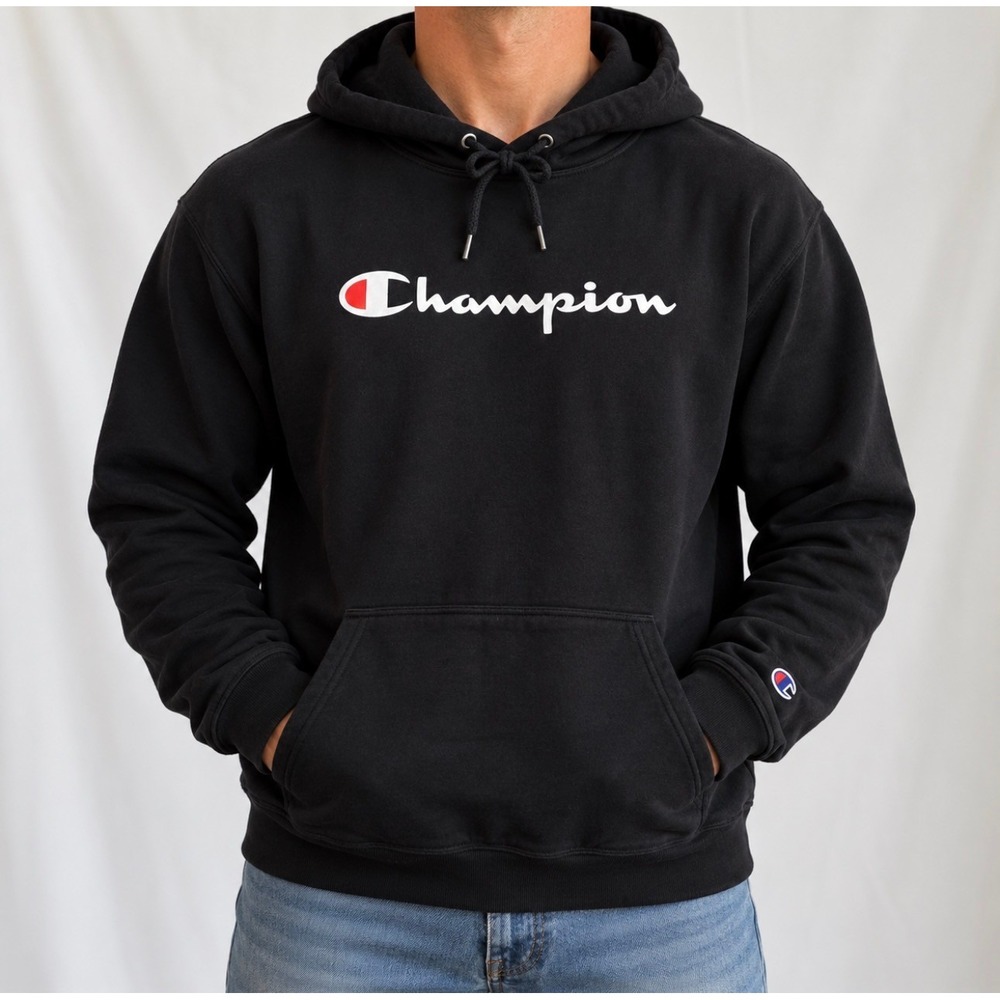 Champion Hoodie Size M Black Good Pullover Logo Fleece GF89H